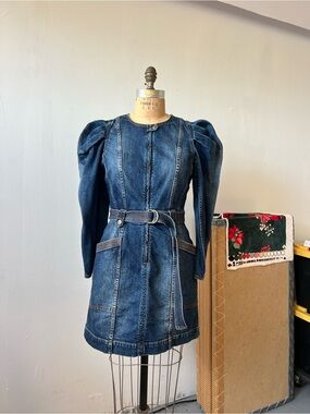 Ulla Johnson Blue Denim Puff-Sleeve Mini Dress with Belt
